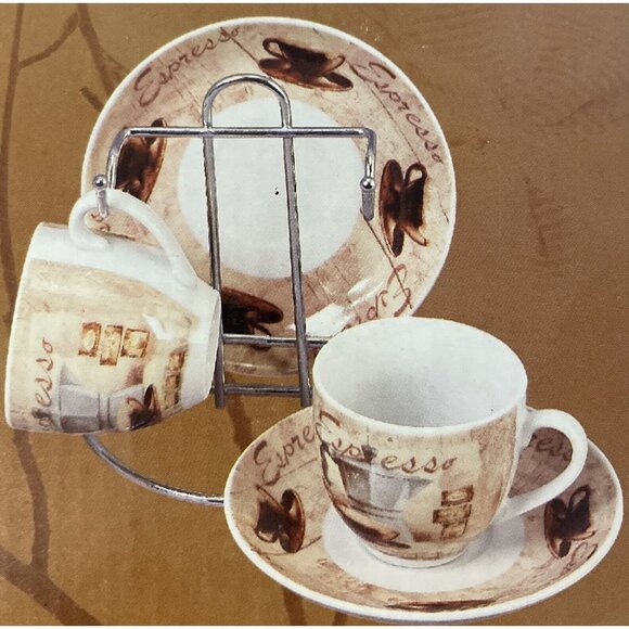D'Lusso Home Collection China Café Design Espresso Demitasse Cups Saucers Stand - Picture 1 of 4